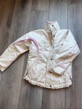 Columbia Cream Puffer ski snow Jacket with Pink Trim